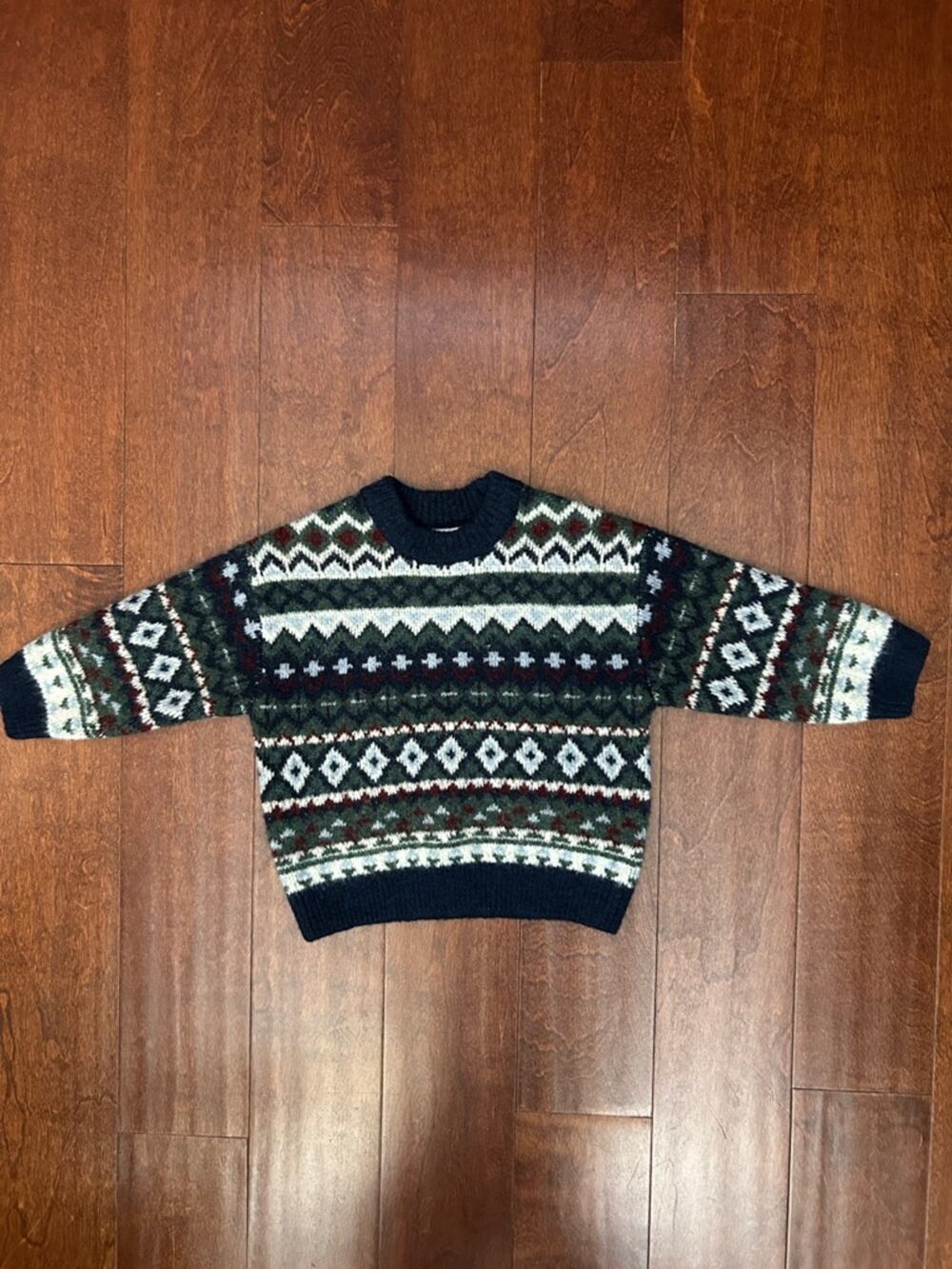 Zara Kid’s Navy Fair Isle Crewneck Sweater, Wool Blend, Thick and Comfy, Size 2